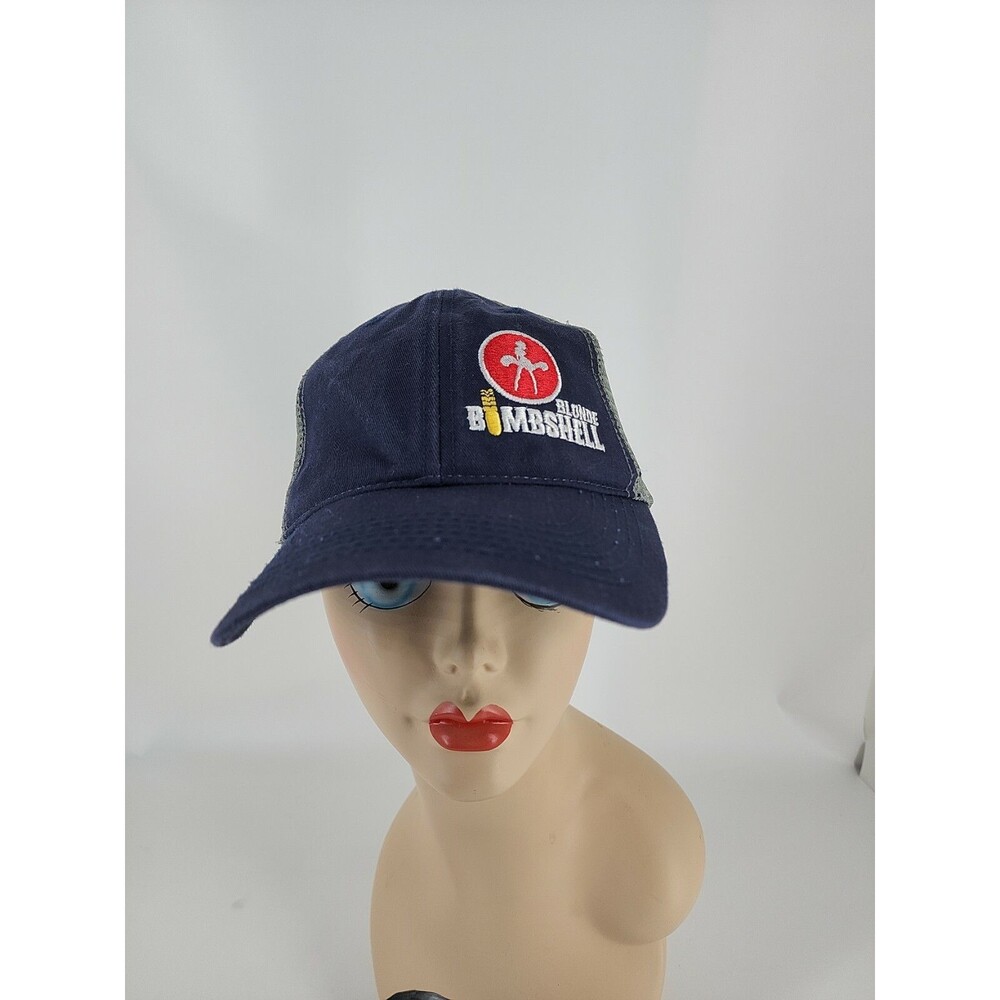 Blond bombshell strapback hat , embroidered logo . Blue grey